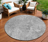 8' Gray Charcoal And Silver Round Floral Washable Indoor Outdoor Area Rug