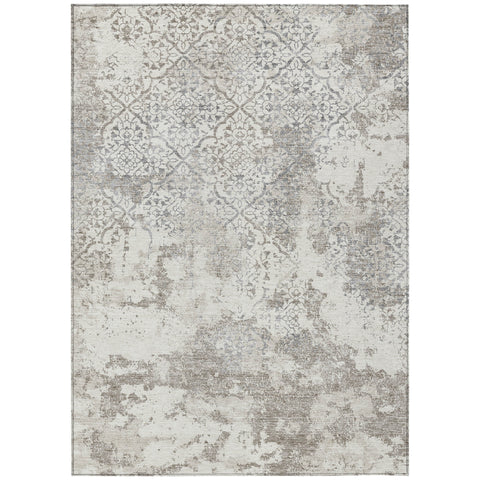 5' X 8' Ivory Beige And Taupe Floral Washable Indoor Outdoor Area Rug