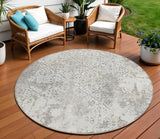 8' Ivory Beige And Taupe Round Floral Washable Indoor Outdoor Area Rug
