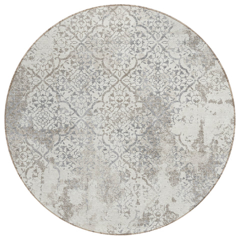 8' Ivory Beige And Taupe Round Floral Washable Indoor Outdoor Area Rug