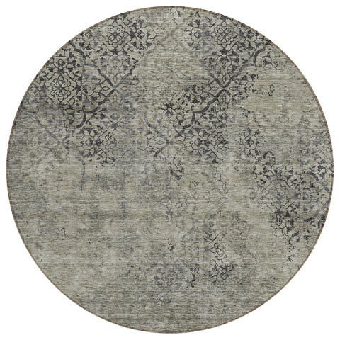8' Taupe Khaki And Charcoal Round Floral Washable Indoor Outdoor Area Rug