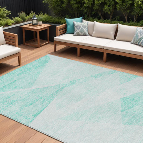 8' X 10' Aqua Sky Blue And Ivory Abstract Washable Indoor Outdoor Area Rug