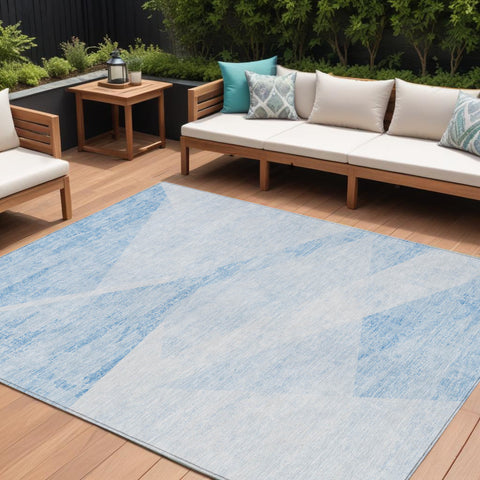 8' X 10' Denim Blue And Sky Blue Abstract Washable Indoor Outdoor Area Rug