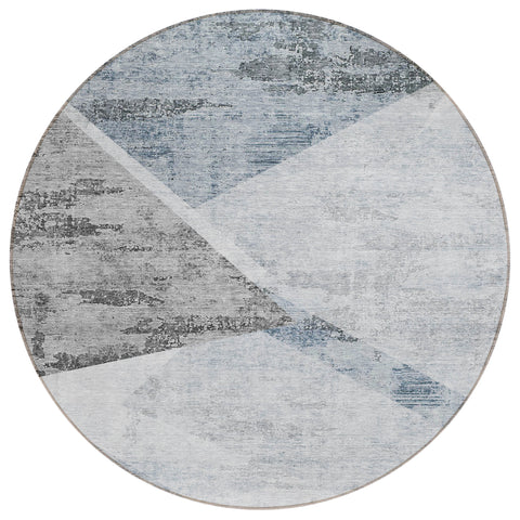 8' Sky Blue Gray And Charcoal Round Abstract Washable Indoor Outdoor Area Rug