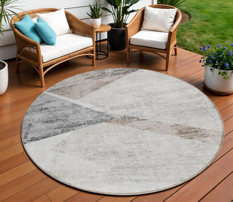 8' Silver Beige And Gray Round Abstract Washable Indoor Outdoor Area Rug