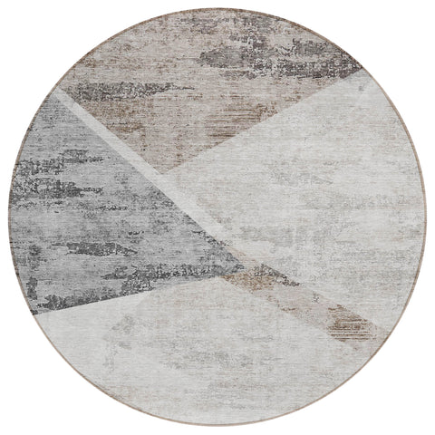 8' Silver Beige And Gray Round Abstract Washable Indoor Outdoor Area Rug