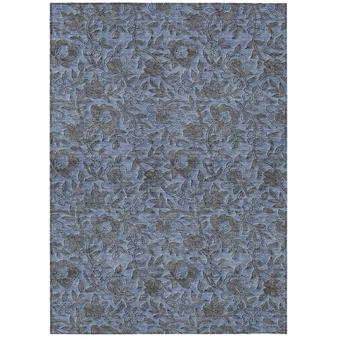 5' X 8' Blue Gray And Charcoal Floral Washable Indoor Outdoor Area Rug