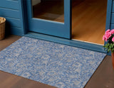 3' X 5' Denim Blue And Taupe Floral Washable Indoor Outdoor Area Rug