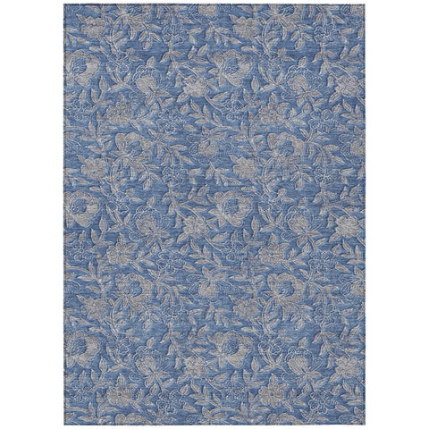 8' X 10' Denim Blue And Taupe Floral Washable Indoor Outdoor Area Rug