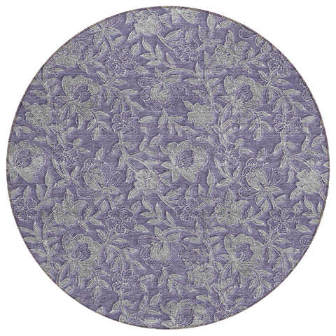 8' Eggplant Purple And Gray Round Floral Washable Indoor Outdoor Area Rug