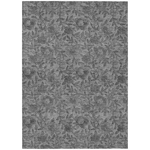 3' X 5' Gray Charcoal And Silver Floral Washable Indoor Outdoor Area Rug