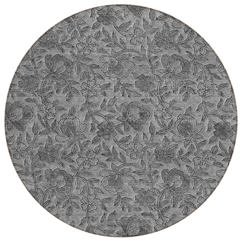 8' Gray Charcoal And Silver Round Floral Washable Indoor Outdoor Area Rug