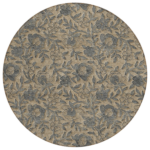 8' Khaki Beige And Gray Round Floral Washable Indoor Outdoor Area Rug