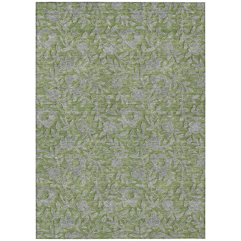 5' X 8' Olive Green And Gray Floral Washable Indoor Outdoor Area Rug