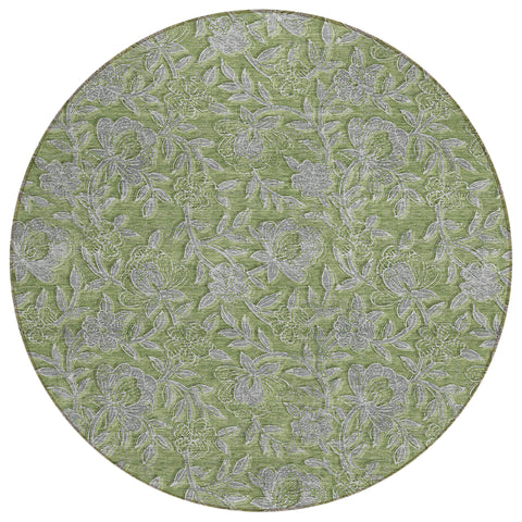 8' Olive Green And Gray Round Floral Washable Indoor Outdoor Area Rug