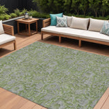 8' X 10' Olive Green And Gray Floral Washable Indoor Outdoor Area Rug