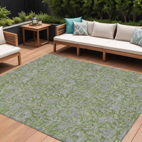 8' X 10' Olive Green And Gray Floral Washable Indoor Outdoor Area Rug