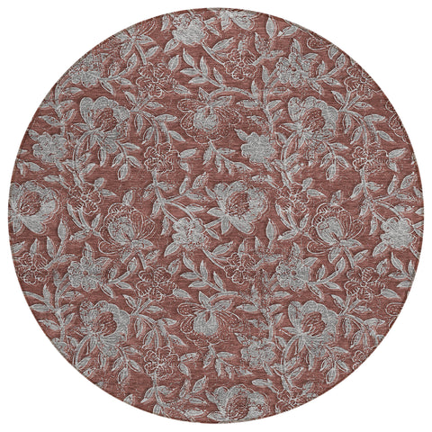 8' Orange Gray And Silver Round Floral Washable Indoor Outdoor Area Rug