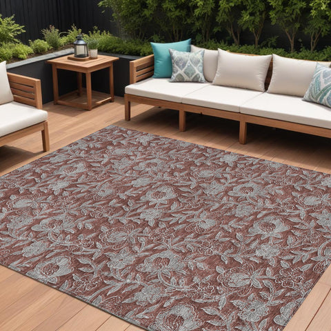 8' X 10' Orange Gray And Silver Floral Washable Indoor Outdoor Area Rug