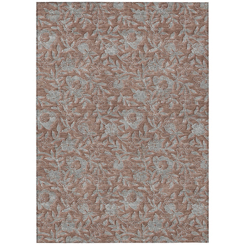 5' X 8' Terra Cotta Copper And Taupe Floral Washable Indoor Outdoor Area Rug