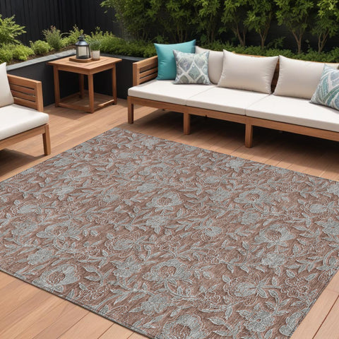 8' X 10' Terra Cotta Copper And Taupe Floral Washable Indoor Outdoor Area Rug