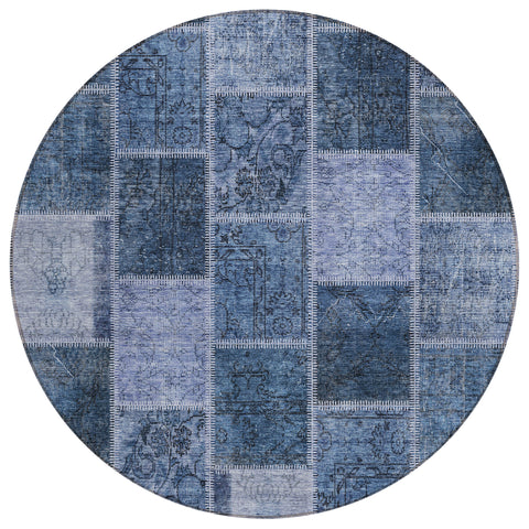 8' Blush Denim Blue And Sky Blue Round Patchwork Washable Indoor Outdoor Area Rug