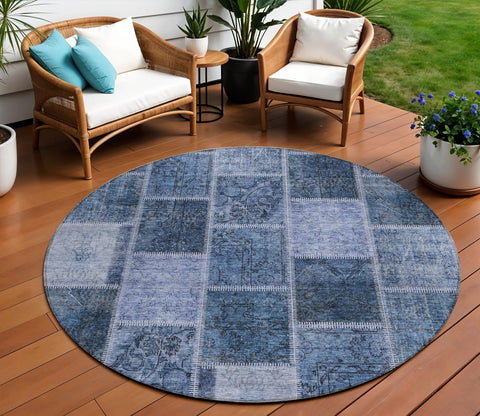 8' Blush Denim Blue And Sky Blue Round Patchwork Washable Indoor Outdoor Area Rug