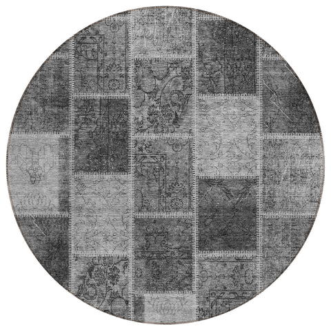 8' Gray Charcoal And Silver Round Patchwork Washable Indoor Outdoor Area Rug