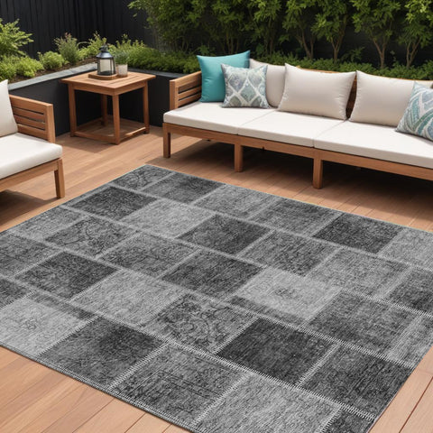 8' X 10' Gray Charcoal And Silver Patchwork Washable Indoor Outdoor Area Rug