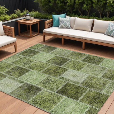 8' X 10' Olive Green And Artichoke Green Patchwork Washable Indoor Outdoor Area Rug