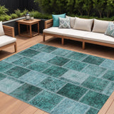 8' X 10' Teal Blue Aqua And Charcoal Patchwork Washable Indoor Outdoor Area Rug