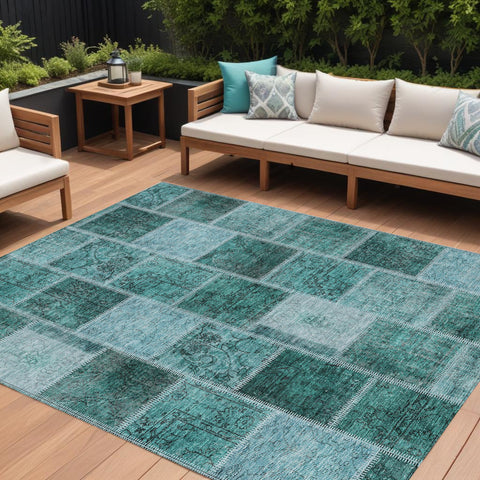 8' X 10' Teal Blue Aqua And Charcoal Patchwork Washable Indoor Outdoor Area Rug