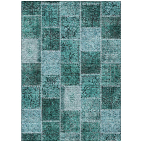 8' X 10' Teal Blue Aqua And Charcoal Patchwork Washable Indoor Outdoor Area Rug