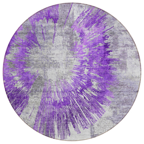 8' Purple Gray And Charcoal Round Abstract Washable Indoor Outdoor Area Rug