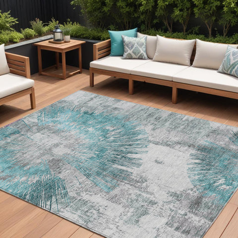 8' X 10' Teal Blue Aqua And Gray Abstract Washable Indoor Outdoor Area Rug