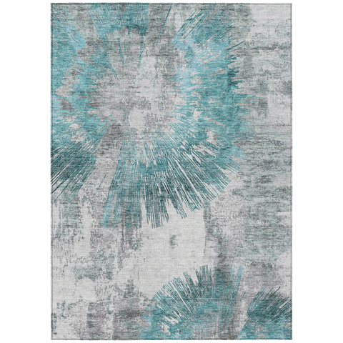 8' X 10' Teal Blue Aqua And Gray Abstract Washable Indoor Outdoor Area Rug
