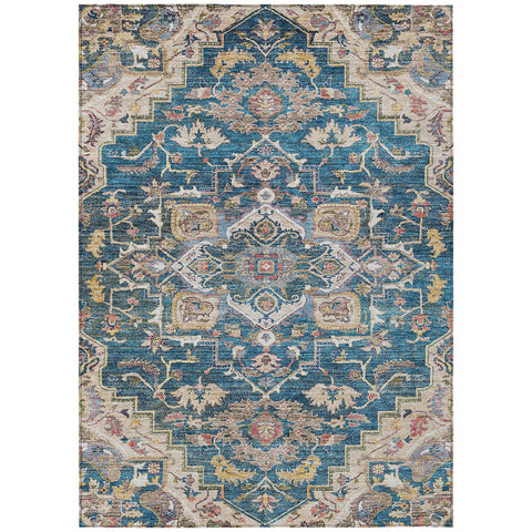 5' X 8' Blue Beige And Gold Oriental Washable Indoor Outdoor Area Rug