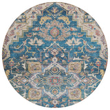 8' Blue Beige And Gold Round Oriental Washable Indoor Outdoor Area Rug