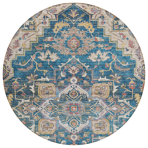 8' Blue Beige And Gold Round Oriental Washable Indoor Outdoor Area Rug