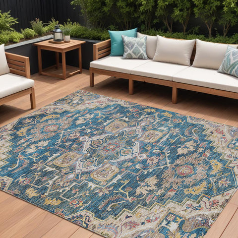 8' X 10' Blue Beige And Gold Oriental Washable Indoor Outdoor Area Rug