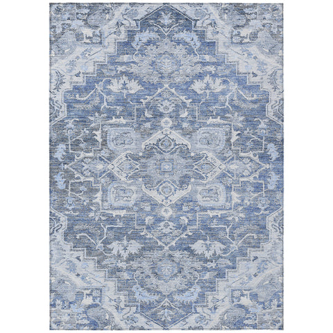 5' X 8' Denim Blue And Sky Blue Oriental Washable Indoor Outdoor Area Rug
