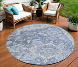 8' Denim Blue And Sky Blue Round Oriental Washable Indoor Outdoor Area Rug