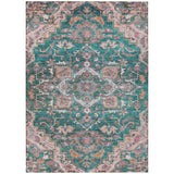 5' X 8' Emerald Teal Blue And Beige Oriental Washable Indoor Outdoor Area Rug