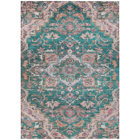 5' X 8' Emerald Teal Blue And Beige Oriental Washable Indoor Outdoor Area Rug
