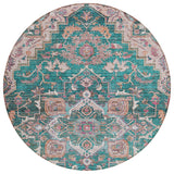 8' Emerald Teal Blue And Beige Round Oriental Washable Indoor Outdoor Area Rug