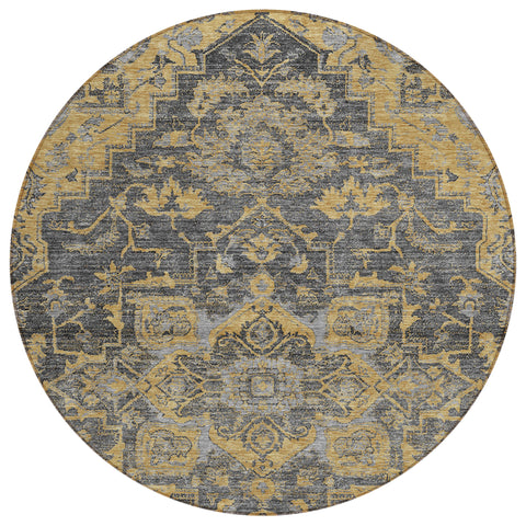 8' Gray Charcoal And Silver Round Oriental Washable Indoor Outdoor Area Rug