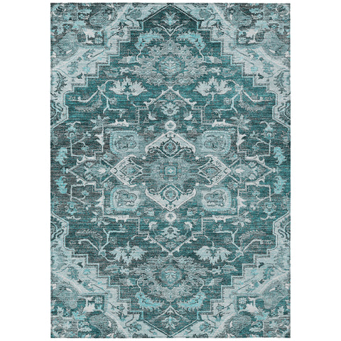 5' X 8' Teal Blue Gray And Charcoal Oriental Washable Indoor Outdoor Area Rug