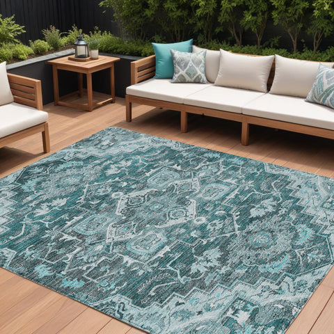 8' X 10' Teal Blue Gray And Charcoal Oriental Washable Indoor Outdoor Area Rug