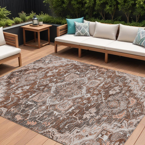 8' X 10' Terra Cotta Brown And Copper Oriental Washable Indoor Outdoor Area Rug