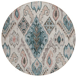 8' Beige Teal Blue And Copper Round Moroccan Washable Indoor Outdoor Area Rug